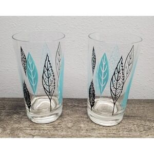 Vtg Federal Glass MCM Barware Teal & Black Leaves 5.25" X 2.75" Set Of 2 EUC